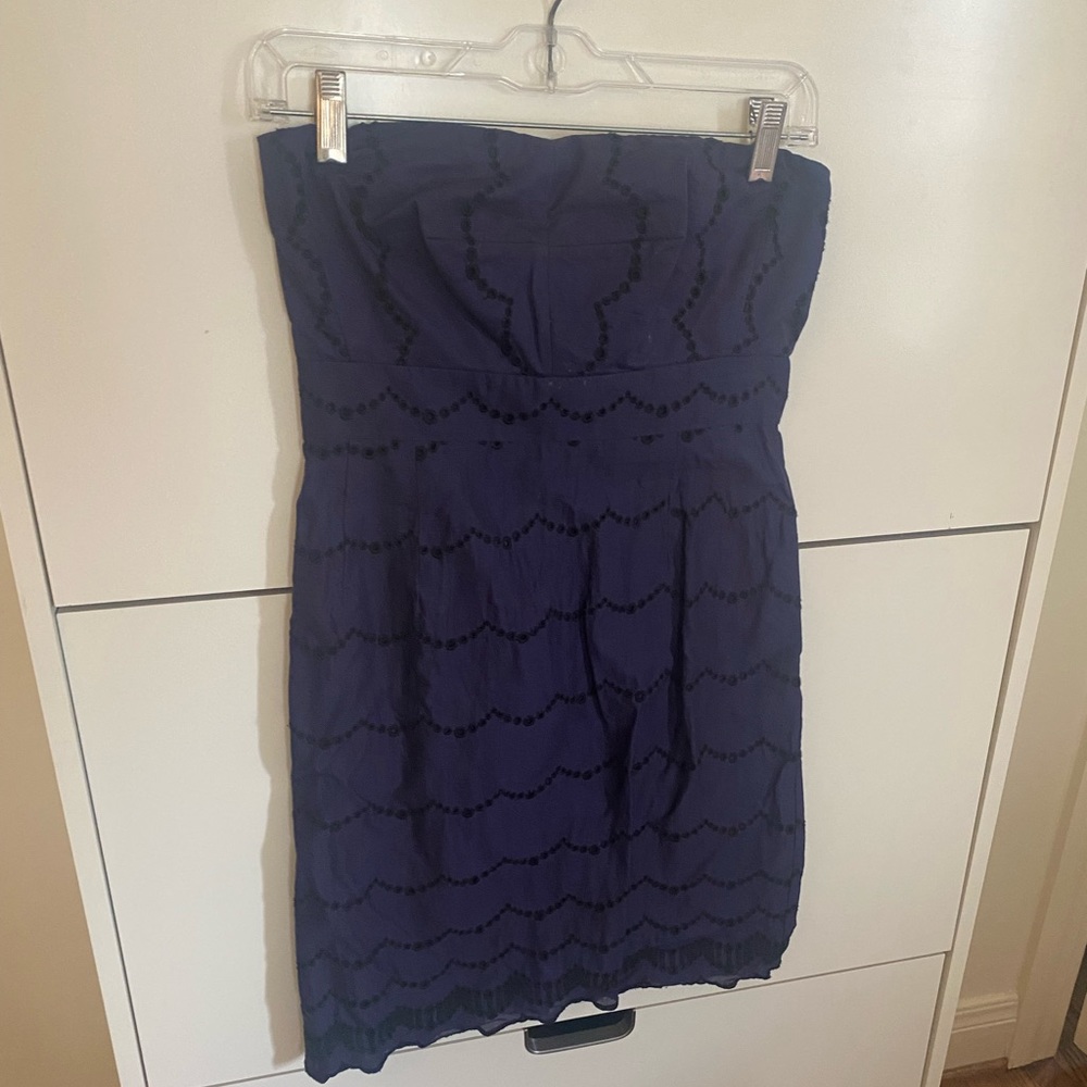 J Crew Navy Embroidered Strapless Scallop Dress